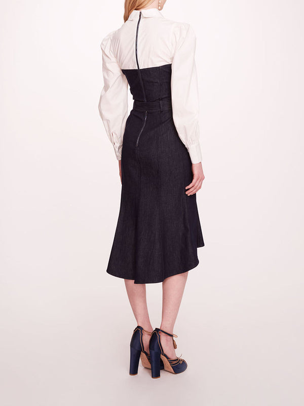 Marchesa Notte Denim Poplin Shirt Dress Deep Indigo Ivory