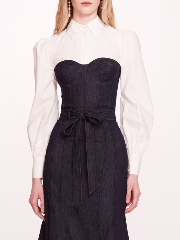 Marchesa Notte Denim Poplin Shirt Dress Deep Indigo Ivory