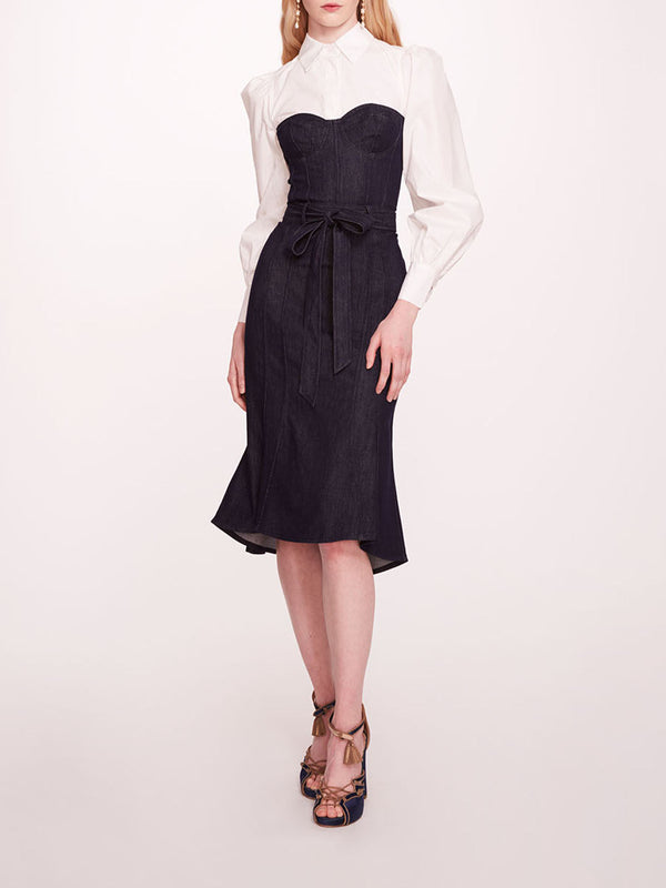 marchesa notte Denim Poplin Shirt Dress Deep Indigo Ivory