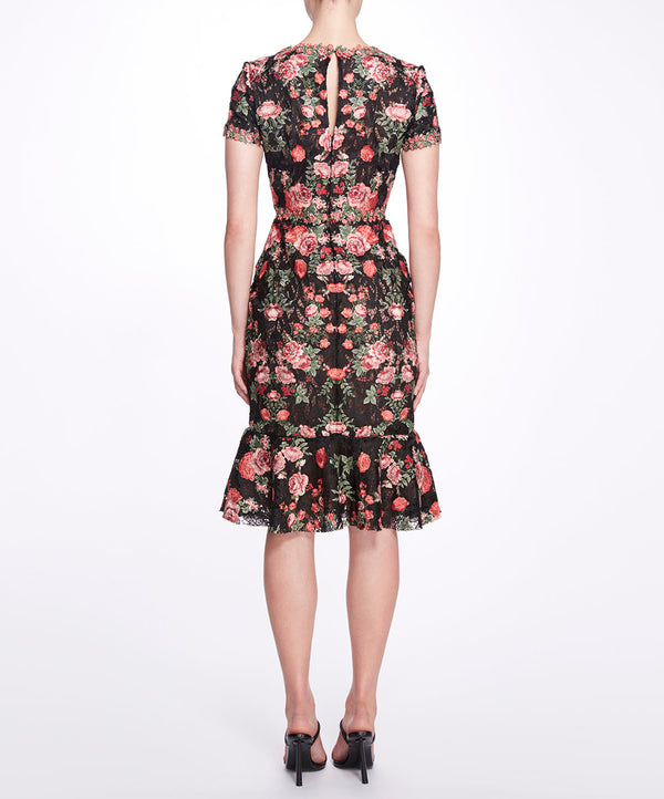 Marchesa Notte Embroidered Guipure V-neck Cocktail BLACK RED