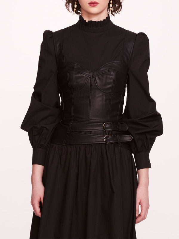 Marchesa Notte Faux Leather Poplin Corset Dress Black