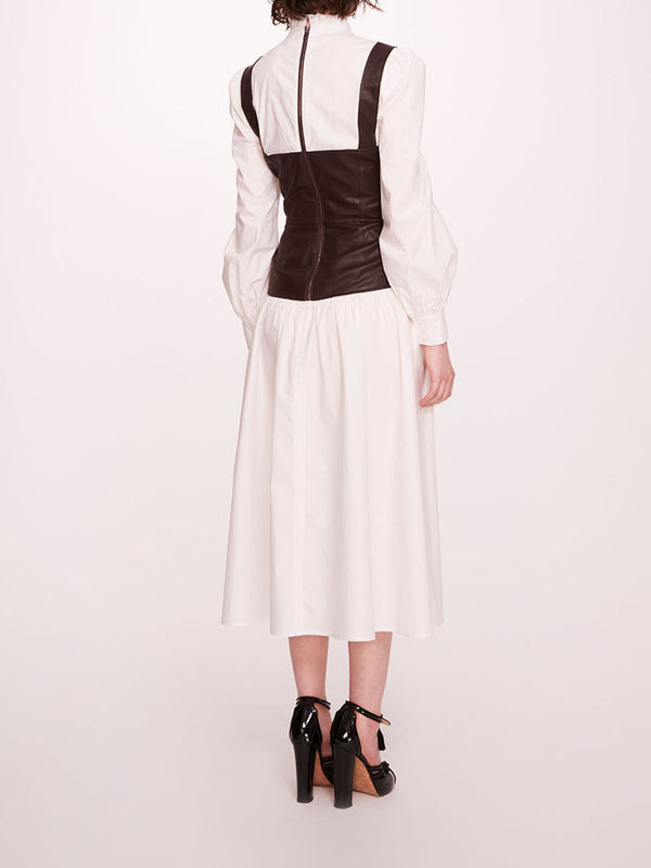 Marchesa Notte Faux Leather Poplin Corset Dress Ivory Chocolate