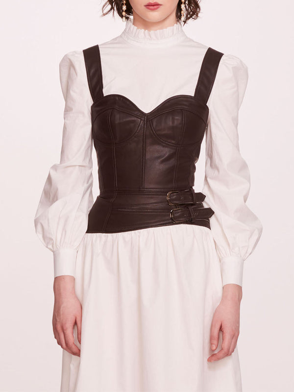 Marchesa Notte Faux Leather Poplin Corset Dress Ivory Chocolate