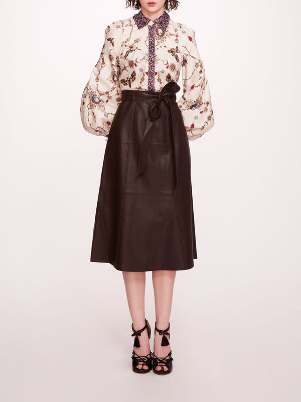 marchesa notte Faux Leather Poplin Midi Dress Ivory Chocolate