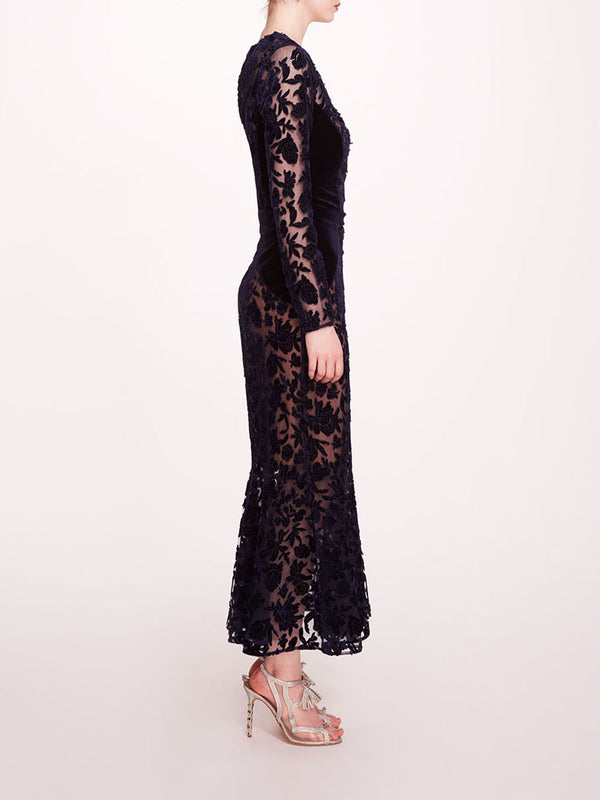 Marchesa Notte Long Sleeve Velvet Midi Dress Midnight