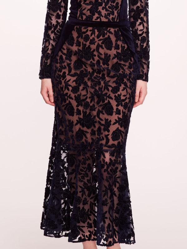 Marchesa Notte Long Sleeve Velvet Midi Dress Midnight
