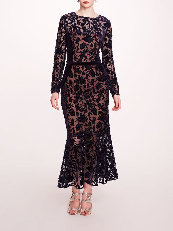 marchesa notte Long Sleeve Velvet Midi Dress Midnight