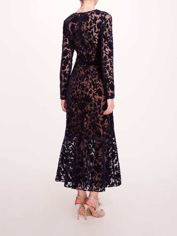 Marchesa Notte Long Sleeve Velvet Midi Dress Midnight