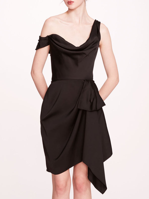 Marchesa Notte Asymmetrical Satin Mini Dress Black