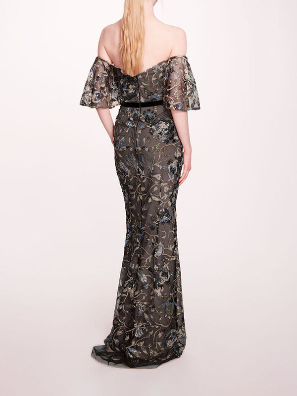 Marchesa Notte Climbing Vines Gown Black Blue