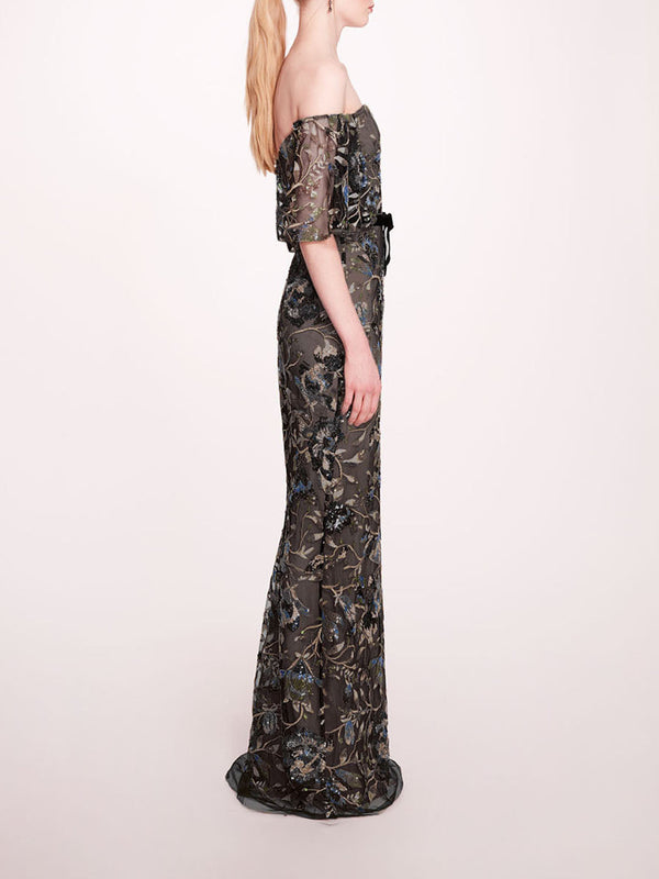 Marchesa Notte Climbing Vines Gown Black Blue