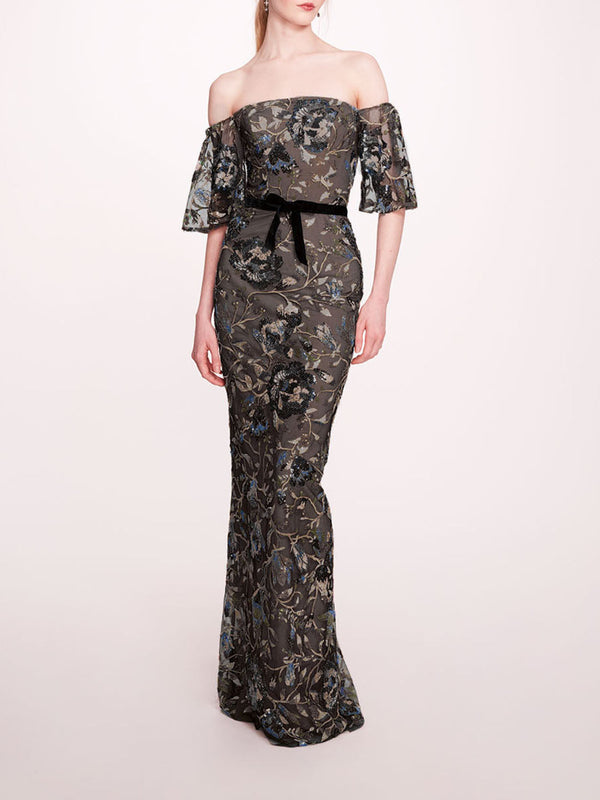 marchesa notte Climbing Vines Gown Black Blue