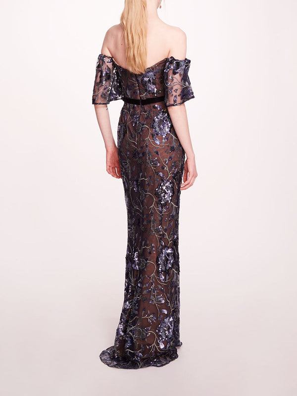 Marchesa Notte Climbing Vines Gown Crystal Ocean