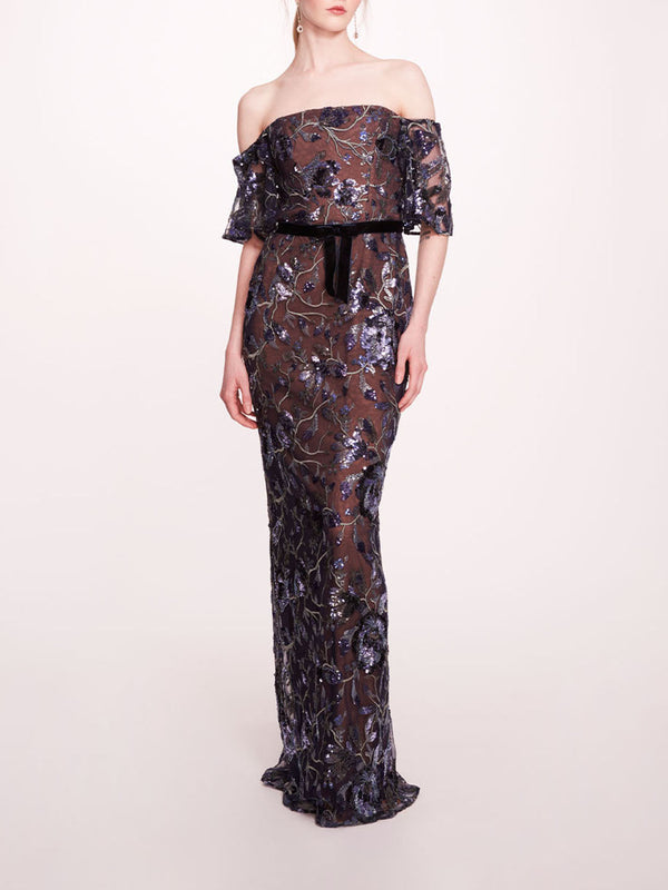 marchesa notte Climbing Vines Gown Crystal Ocean