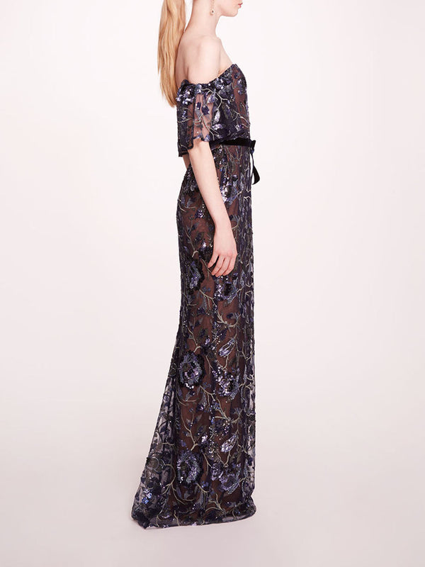 Marchesa Notte Climbing Vines Gown Crystal Ocean