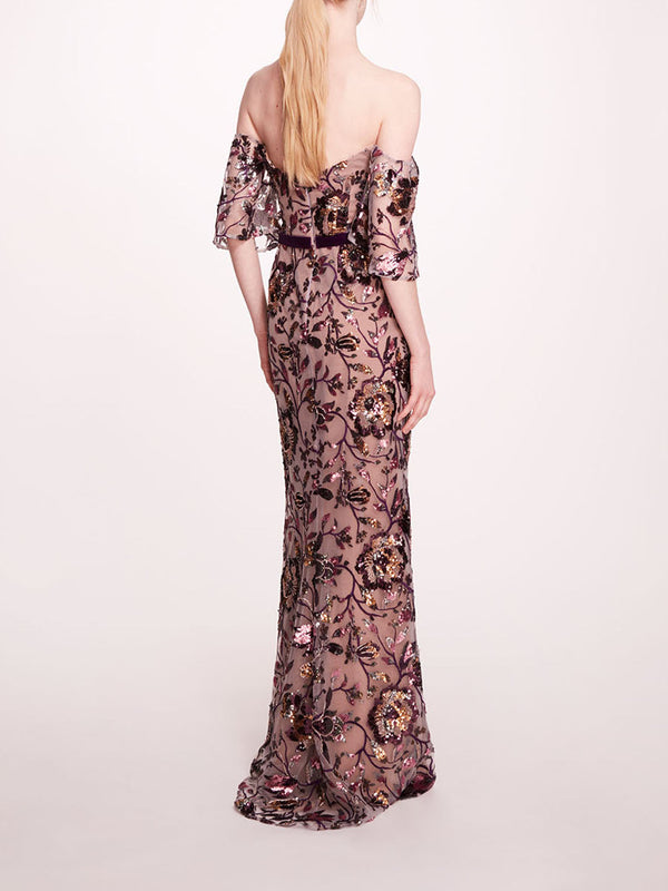 Marchesa Notte Climbing Vines Gown Lilac Wine
