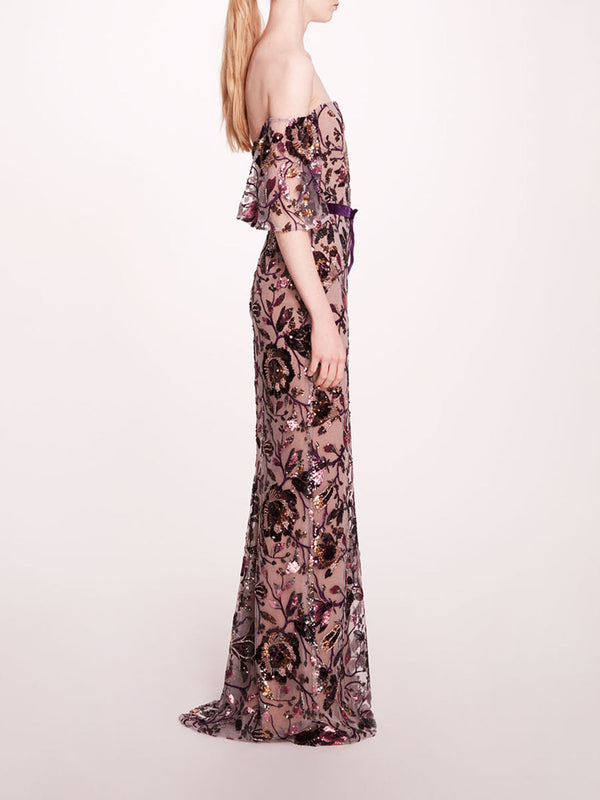 Marchesa Notte Climbing Vines Gown Lilac Wine