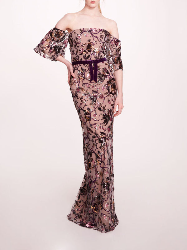 marchesa notte Climbing Vines Gown Lilac Wine