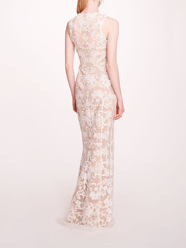 Marchesa Notte Corded Column Gown Ivory