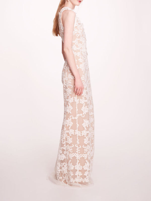 Marchesa Notte Corded Column Gown Ivory