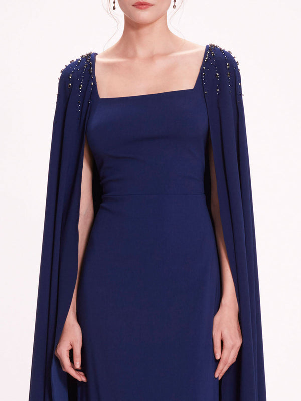 Marchesa Notte Embellished Cape Gown Navy