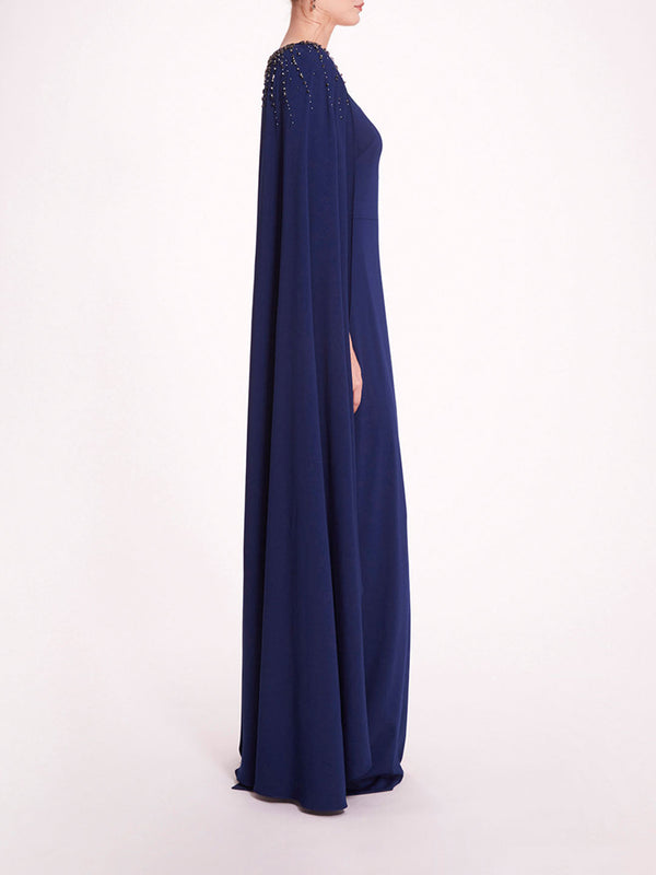 Marchesa Notte Embellished Cape Gown Navy