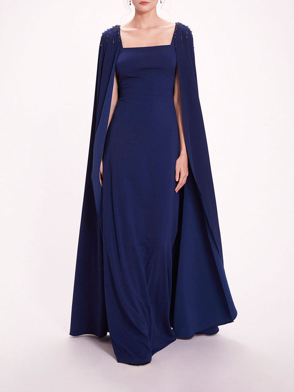 marchesa notte Embellished Cape Gown Navy