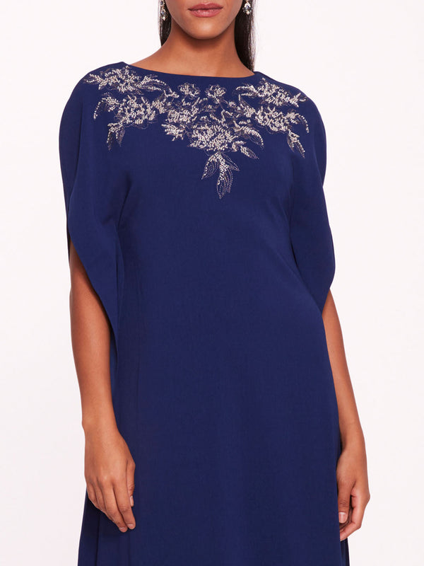 Marchesa Notte Embroidered Crepe Kaftan Navy