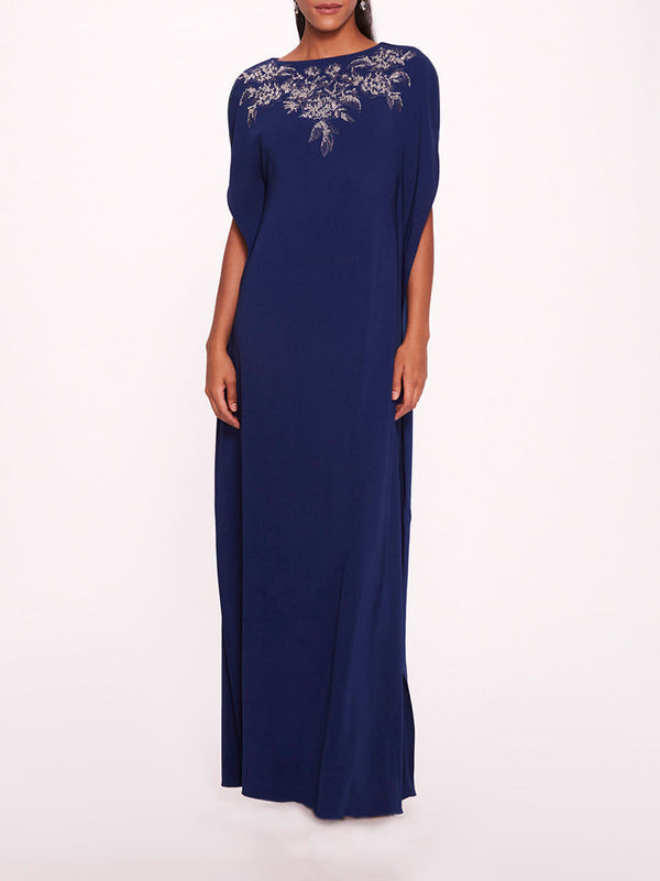 marchesa notte Embroidered Crepe Kaftan Navy
