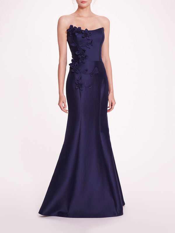 marchesa notte Floral Mikado Gown Navy