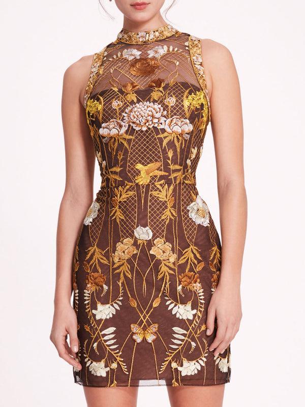 Marchesa Notte High Neck Tulle Mini Dress Yellow