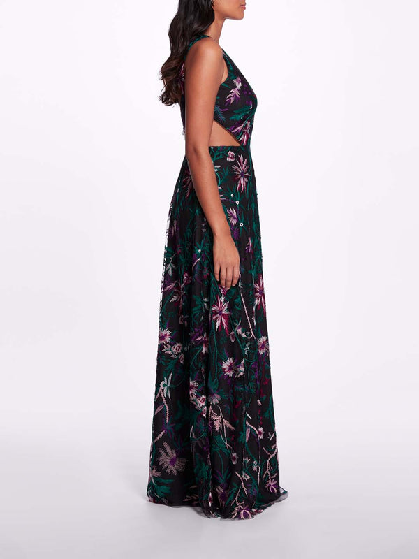 Marchesa Notte Keyhole Back Floral Gown Black