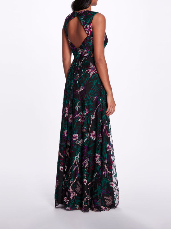 Marchesa Notte Keyhole Back Floral Gown Black