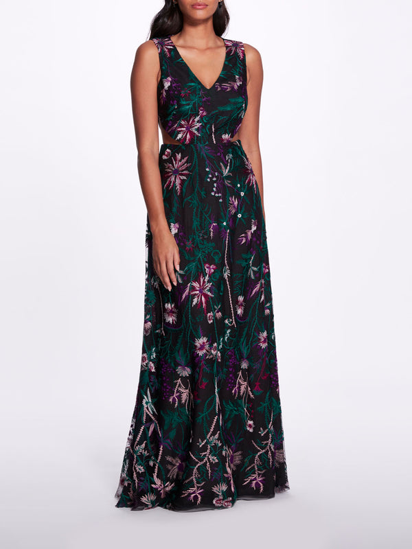 marchesa notte Keyhole Back Floral Gown Black