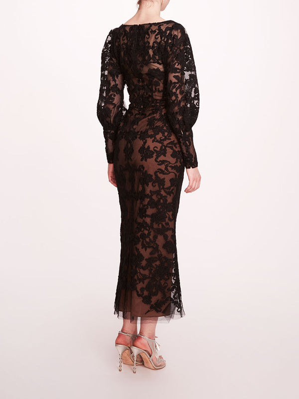 Marchesa Notte Long Sleeve Corded Midi Dress Black