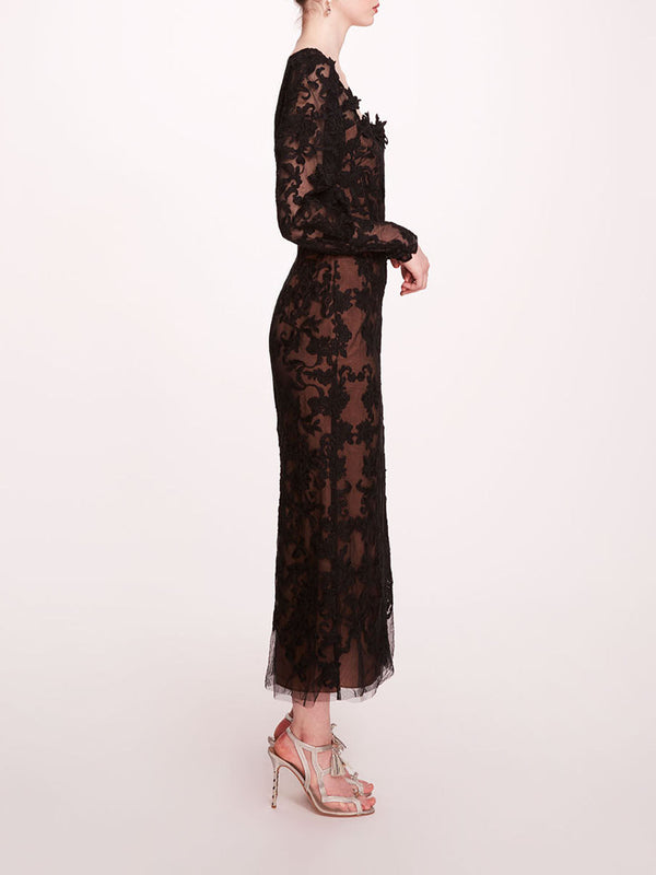 Marchesa Notte Long Sleeve Corded Midi Dress Black