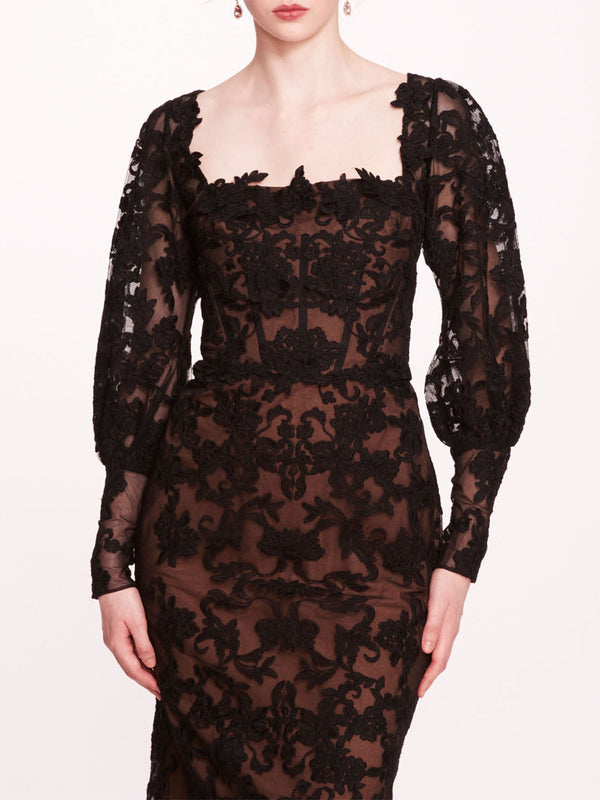 Marchesa Notte Long Sleeve Corded Midi Dress Black