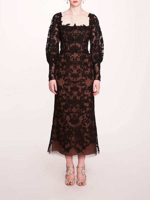 marchesa notte Long Sleeve Corded Midi Dress Black