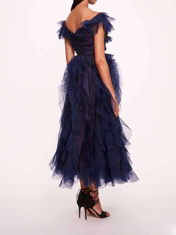 Marchesa Notte Matte Organza Midi Dress Midnight