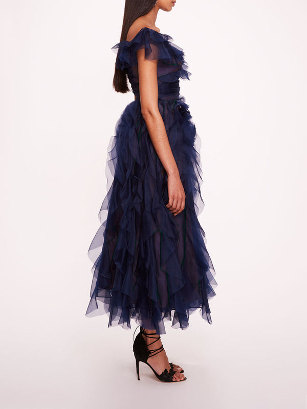 Marchesa Notte Matte Organza Midi Dress Midnight