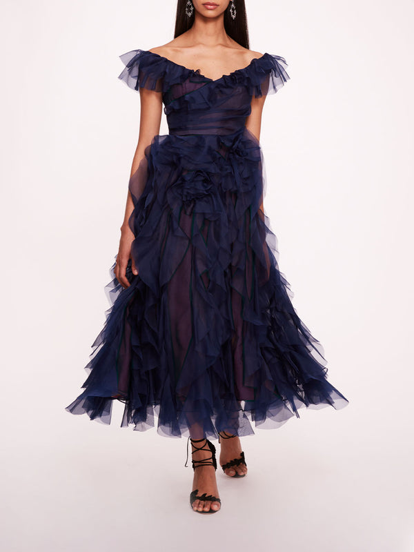 marchesa notte Matte Organza Midi Dress Midnight