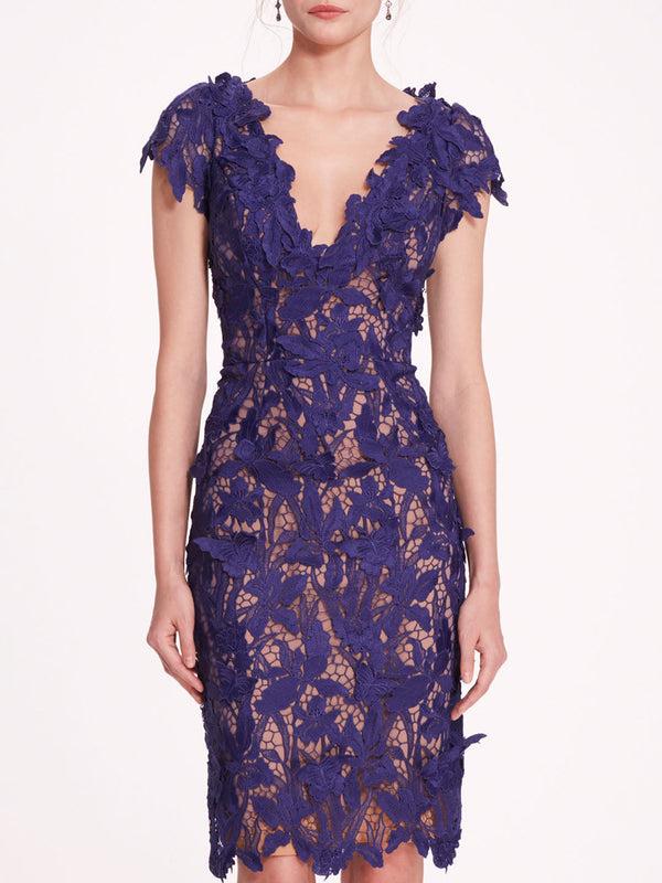 Marchesa Notte Organic Lace Mini Dress Navy