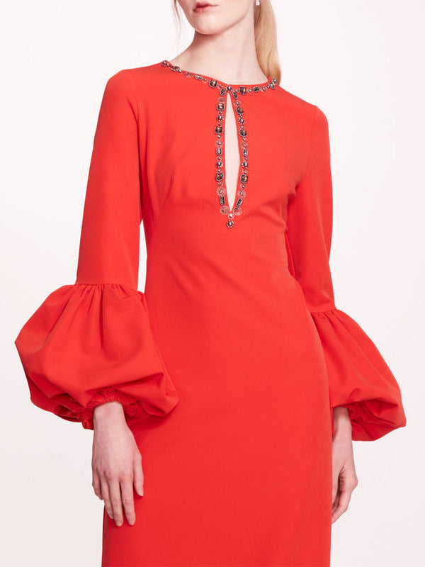 Marchesa Notte Puffed Sleeve Column Gown Scarlet