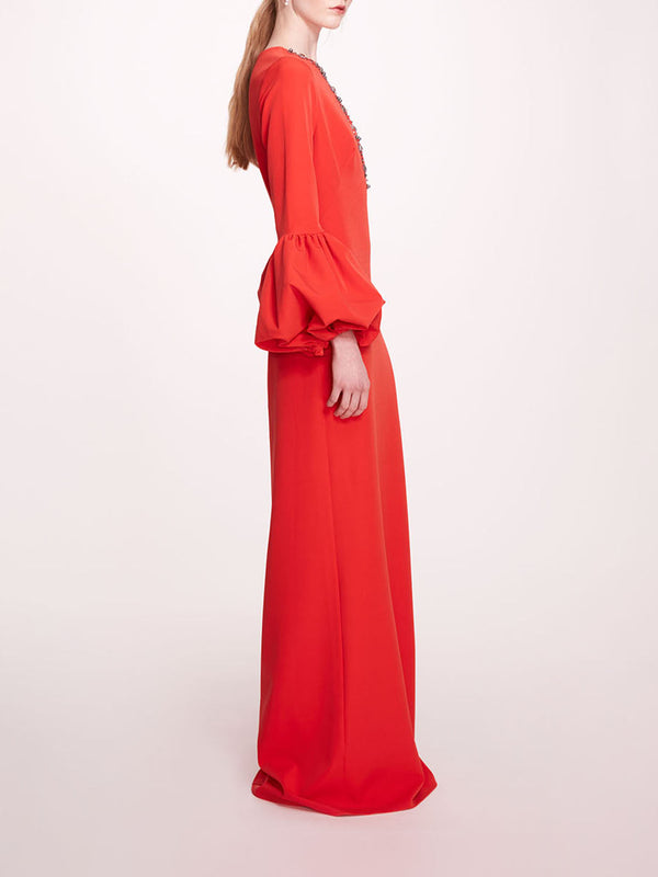 Marchesa Notte Puffed Sleeve Column Gown Scarlet