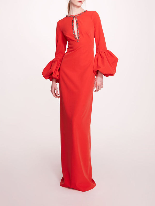 marchesa notte Puffed Sleeve Column Gown Scarlet
