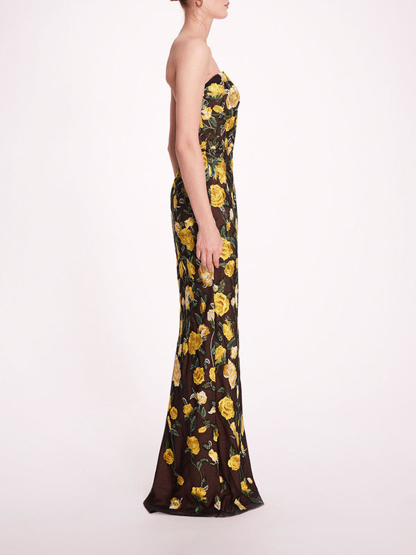 Marchesa Notte Roses Tulle Gown Yellow Black