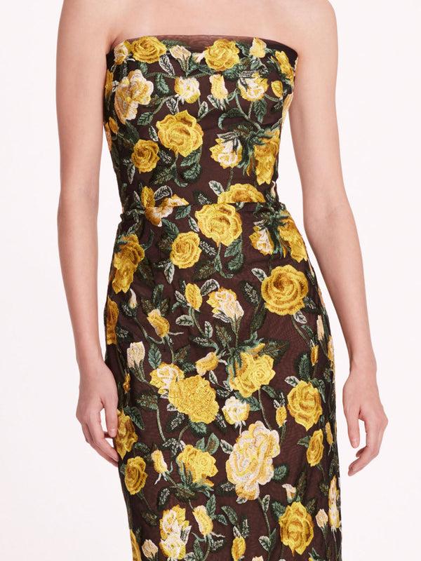 Marchesa Notte Roses Tulle Gown Yellow Black