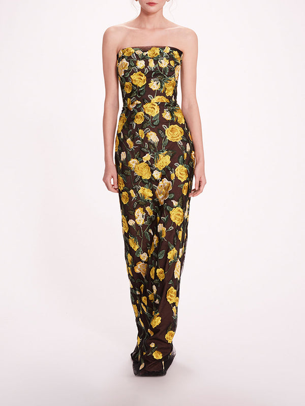 marchesa notte Roses Tulle Gown Yellow Black