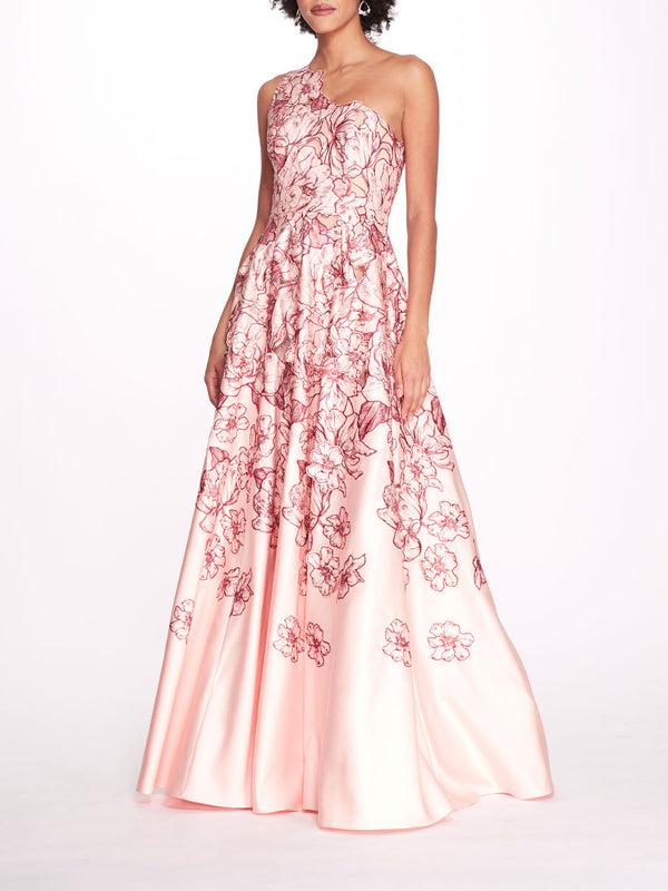 marchesa notte Satin One Shoulder Gown Blush