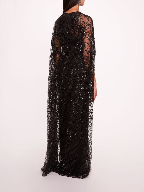 Marchesa Notte Sequin Lattice Cape Gown Black